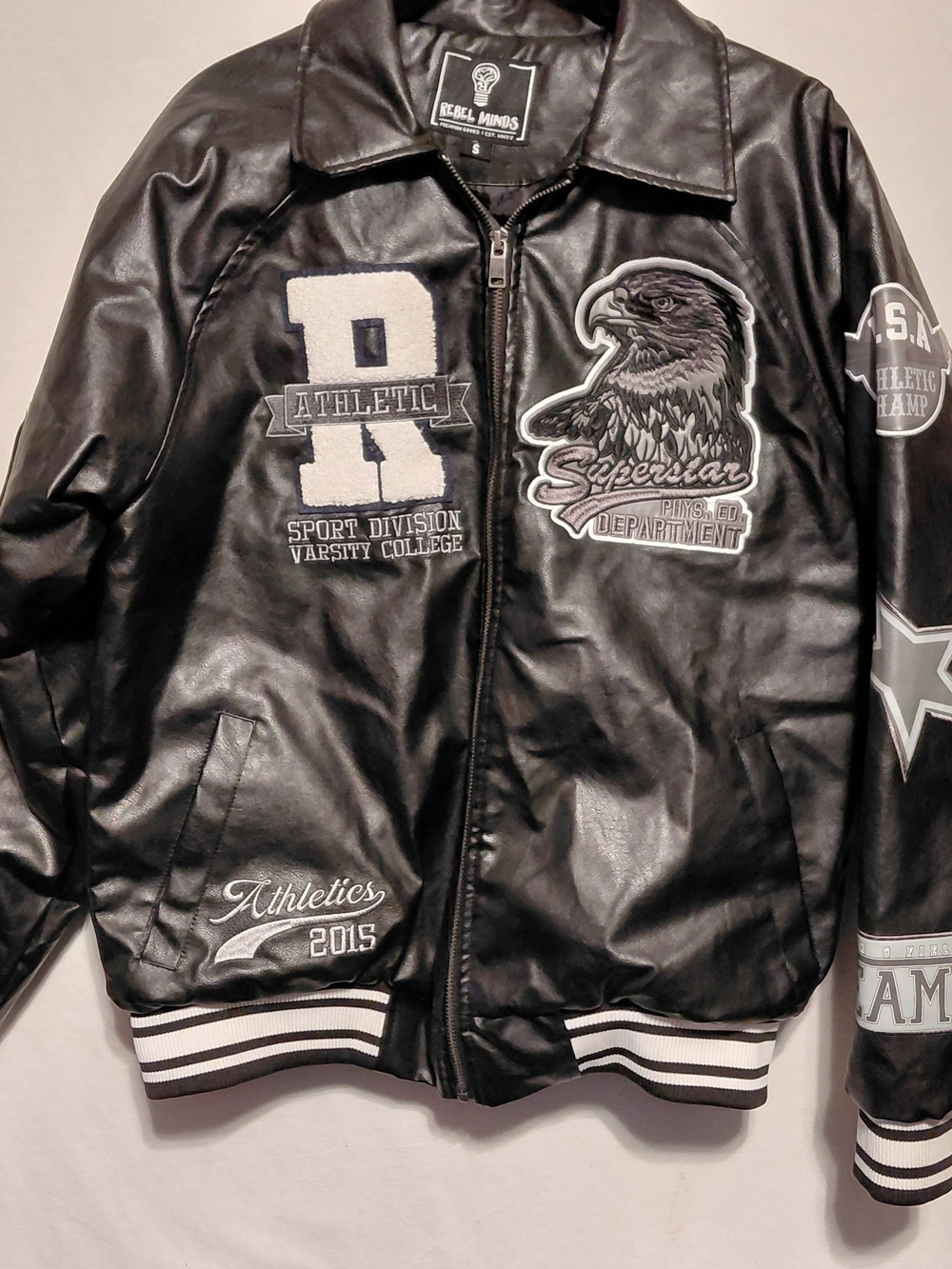 REBEL MINDS Superstar U.S.A. Faux Leather Jacket Varsity Boyfriend Size Small